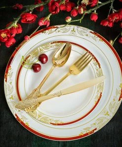 HIER_5460 Disposable Dinnerware 72 Pack - Metallic Gold Baroque Style Heavy Duty Plastic Silverware