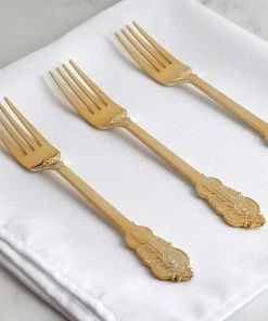 HIER_5460 24 Pack | Metallic Gold 8" Baroque Style Heavy Duty Plastic Forks Disposable Dinnerware