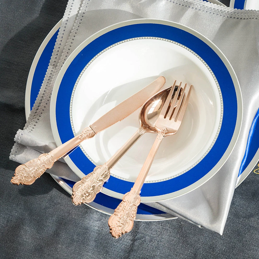 HIER_5460 72 Pack - Metallic Rose Gold Baroque Style Heavy Duty Plastic Silverware 6 HIER_5460 72 Pack - Metallic Rose Gold Baroque Style Heavy Duty Plastic Silverware