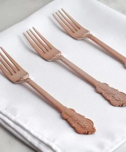 HIER_5460 24 Pack | Metallic Rose Gold 8" Baroque Style Heavy Duty Plastic Forks Disposable Dinnerware