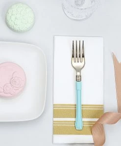 HIER_5460 Disposable Dinnerware 24 Pack | Gold 7" Heavy Duty Plastic Forks With Blue Handle, Plastic Silverware