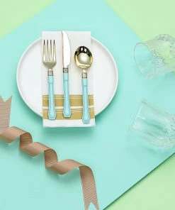 HIER_5460 Disposable Dinnerware 24 Pack | Gold 7" Heavy Duty Plastic Forks With Blue Handle, Plastic Silverware 21 HIER_5460 Disposable Dinnerware 24 Pack | Gold 7