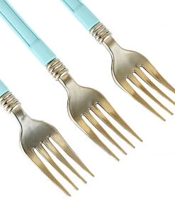 HIER_5460 Disposable Dinnerware 24 Pack | Gold 7" Heavy Duty Plastic Forks With Blue Handle, Plastic Silverware 23 HIER_5460 Disposable Dinnerware 24 Pack | Gold 7