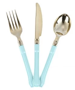 HIER_5460 Disposable Dinnerware 24 Pack | Gold 7" Heavy Duty Plastic Forks With Blue Handle, Plastic Silverware 24 HIER_5460 Disposable Dinnerware 24 Pack | Gold 7