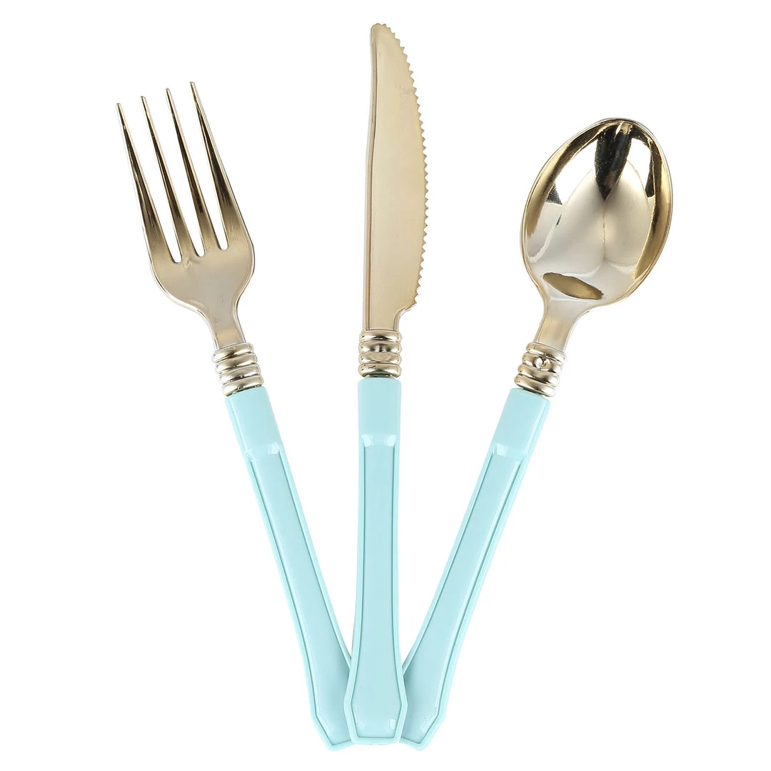 HIER_5460 Disposable Dinnerware 24 Pack | Gold 7" Heavy Duty Plastic Forks With Blue Handle, Plastic Silverware 12 HIER_5460 Disposable Dinnerware 24 Pack | Gold 7" Heavy Duty Plastic Forks With Blue Handle, Plastic Silverware