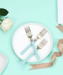 HIER_5460 Disposable Dinnerware 24 Pack | Gold 7" Heavy Duty Plastic Forks With Blue Handle, Plastic Silverware 19 HIER_5460 Disposable Dinnerware 24 Pack | Gold 7