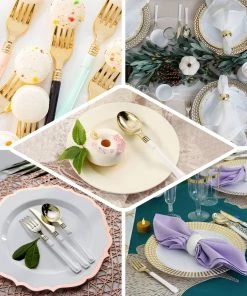 HIER_5460 Disposable Dinnerware 24 Pack | Gold 7" Heavy Duty Plastic Forks With Blue Handle, Plastic Silverware 17 HIER_5460 Disposable Dinnerware 24 Pack | Gold 7