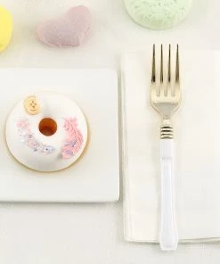 HIER_5460 24 Pack | Gold 7" Heavy Duty Plastic Forks With White Handle, Plastic Silverware Disposable Dinnerware