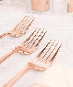 HIER_5460 24 Pack | 8" Glossy Blush/Rose Gold Heavy Duty Plastic Silverware Forks, Premium Disposable Flatware Cutlery Disposable Dinnerware