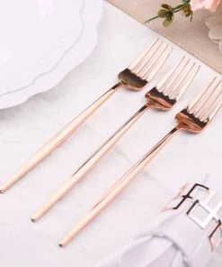 HIER_5460 24 Pack | 8" Glossy Blush/Rose Gold Heavy Duty Plastic Silverware Forks, Premium Disposable Flatware Cutlery Disposable Dinnerware
