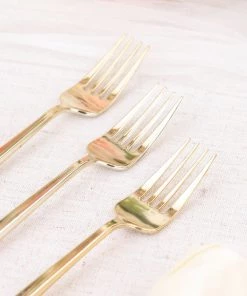 HIER_5460 24 Pack | 8" Glossy Gold Heavy Duty Plastic Silverware Forks Cutlery, Premium Disposable Sleek Flatware Disposable Dinnerware