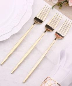 HIER_5460 24 Pack | 8" Glossy Gold Heavy Duty Plastic Silverware Forks Cutlery, Premium Disposable Sleek Flatware Disposable Dinnerware