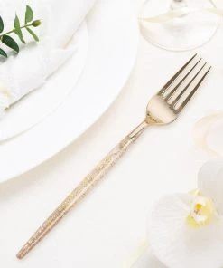 HIER_5460 24 Pack | Gold Glittered Disposable Forks, Plastic Silverware Cutlery