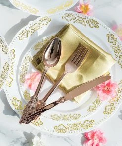HIER_5460 24 Pack | Metallic Rose Gold 8" Baroque Style Heavy Duty Plastic Forks Disposable Dinnerware