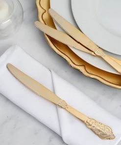 HIER_5460 Disposable Dinnerware 24 Pack - 8" Metallic Gold Baroque Style Heavy Duty Plastic Knives