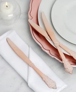 HIER_5460 24 Pack - 8" Metallic Rose Gold Baroque Style Heavy Duty Plastic Knives