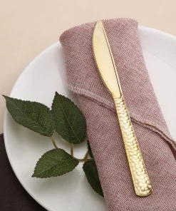HIER_5460 Disposable Dinnerware 24 Pack - 7" Gold Hammered Design Heavy Duty Plastic Knives