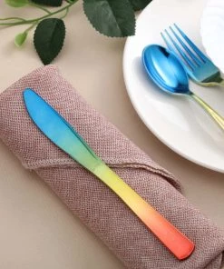 HIER_5460 24 Pack - 8" Rainbow Ombre Design Heavy Duty Plastic Knives Disposable Dinnerware