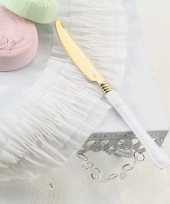 HIER_5460 Disposable Dinnerware 24 Pack | 7.5" Gold Heavy Duty Plastic Knife With White Handle | Plastic Silverware