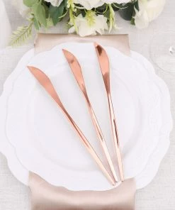 HIER_5460 Disposable Dinnerware 24 Pack | 8" Glossy Blush/Rose Gold Heavy Duty Plastic Silverware Knives, Premium Disposable Flatware Cutlery