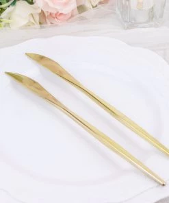 HIER_5460 24 Pack | 8" Glossy Gold Heavy Duty Plastic Silverware Knives Cutlery, Premium Disposable Sleek Flatware Disposable Dinnerware 23 HIER_5460 24 Pack | 8