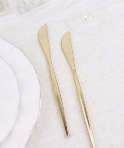 HIER_5460 24 Pack | 8" Glossy Gold Heavy Duty Plastic Silverware Knives Cutlery, Premium Disposable Sleek Flatware Disposable Dinnerware 30 HIER_5460 24 Pack | 8