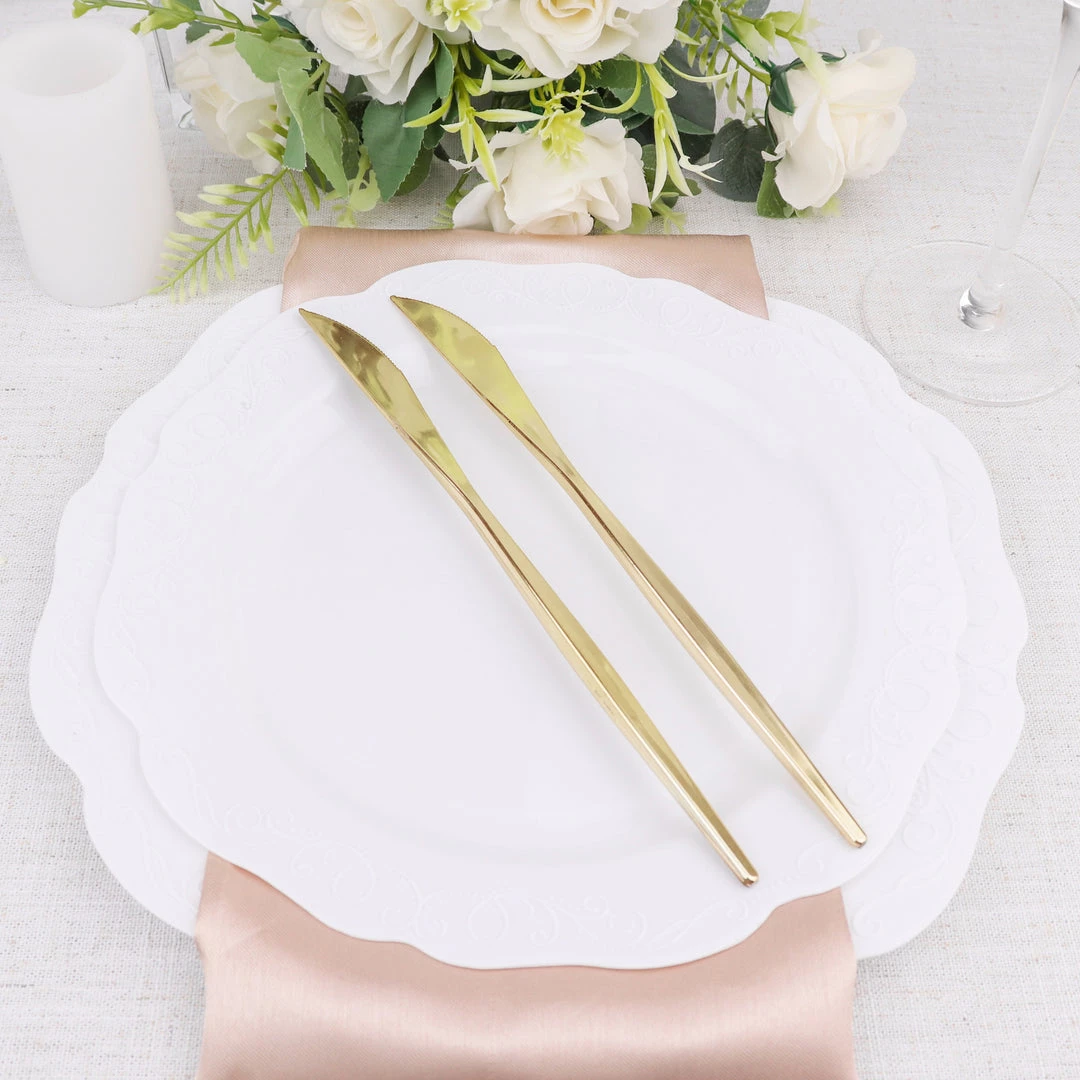 HIER_5460 24 Pack | 8" Glossy Gold Heavy Duty Plastic Silverware Knives Cutlery, Premium Disposable Sleek Flatware Disposable Dinnerware 16 HIER_5460 24 Pack | 8" Glossy Gold Heavy Duty Plastic Silverware Knives Cutlery, Premium Disposable Sleek Flatware Disposable Dinnerware