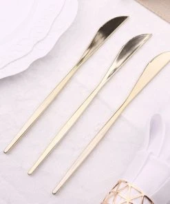HIER_5460 24 Pack | 8" Glossy Gold Heavy Duty Plastic Silverware Knives Cutlery, Premium Disposable Sleek Flatware Disposable Dinnerware 24 HIER_5460 24 Pack | 8