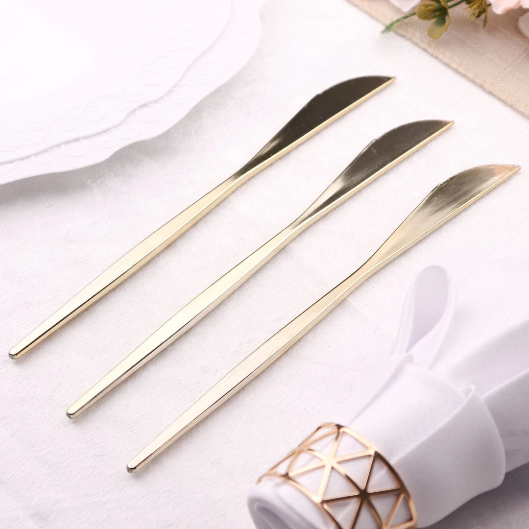 HIER_5460 24 Pack | 8" Glossy Gold Heavy Duty Plastic Silverware Knives Cutlery, Premium Disposable Sleek Flatware Disposable Dinnerware 17 HIER_5460 24 Pack | 8" Glossy Gold Heavy Duty Plastic Silverware Knives Cutlery, Premium Disposable Sleek Flatware Disposable Dinnerware