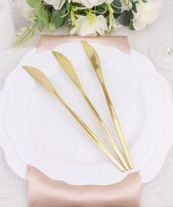 HIER_5460 24 Pack | 8" Glossy Gold Heavy Duty Plastic Silverware Knives Cutlery, Premium Disposable Sleek Flatware Disposable Dinnerware