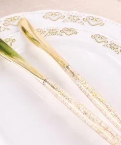 HIER_5460 Disposable Dinnerware 24 Pack | Gold Glittered Disposable Knives, Plastic Silverware Cutlery
