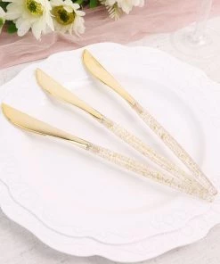 HIER_5460 Disposable Dinnerware 24 Pack | Gold Glittered Disposable Knives, Plastic Silverware Cutlery