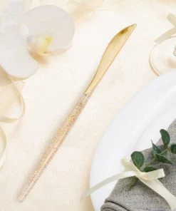 HIER_5460 Disposable Dinnerware 24 Pack | Gold Glittered Disposable Knives, Plastic Silverware Cutlery