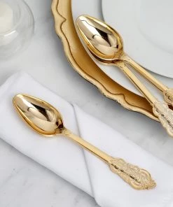 HIER_5460 24 Pack - 7" Metallic Gold Baroque Style Heavy Duty Plastic Spoons