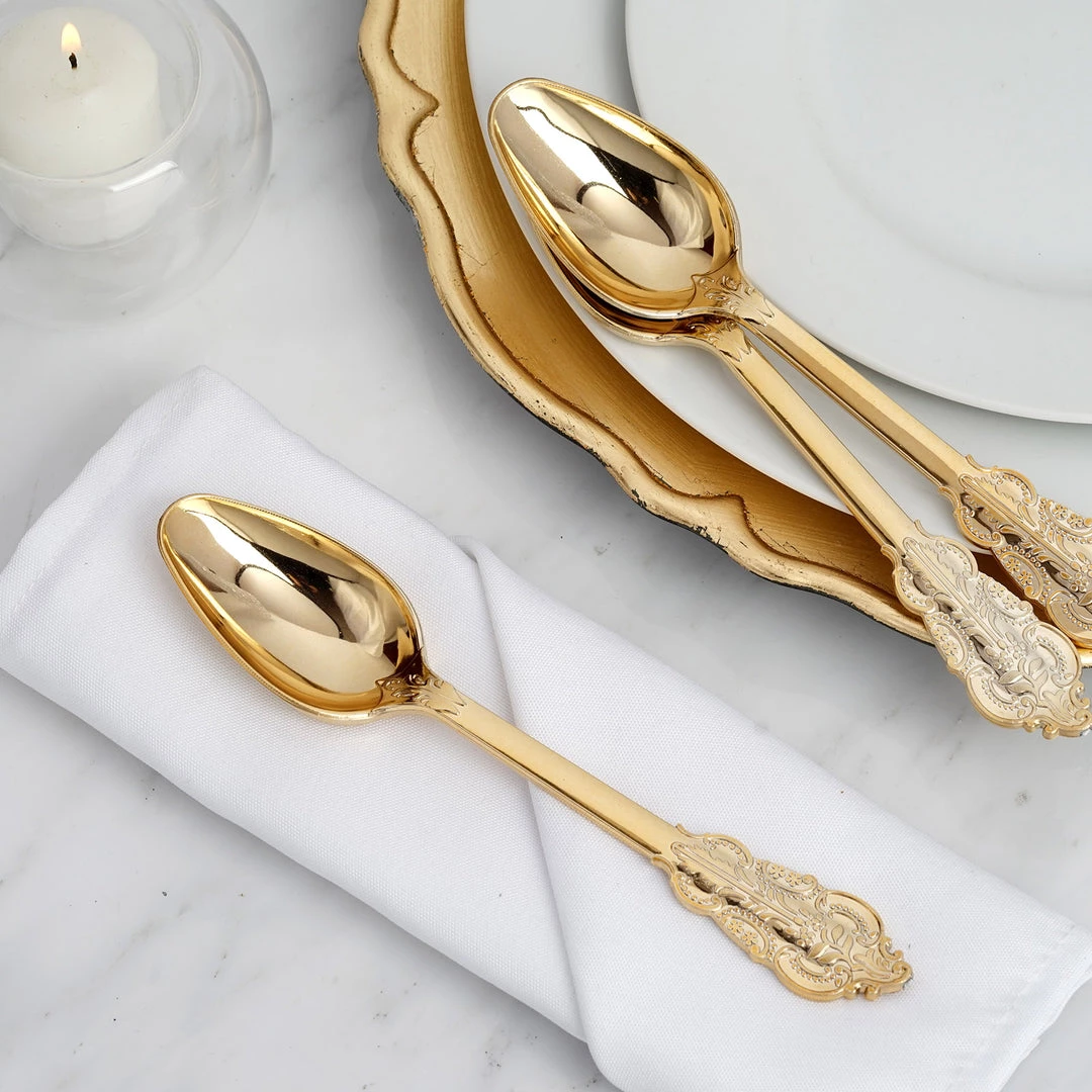 HIER_5460 24 Pack - 7" Metallic Gold Baroque Style Heavy Duty Plastic Spoons 2 HIER_5460 24 Pack - 7" Metallic Gold Baroque Style Heavy Duty Plastic Spoons