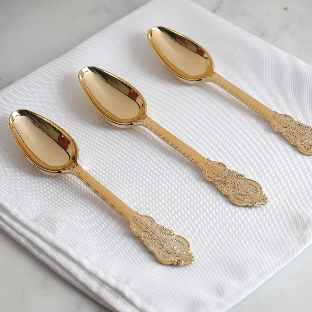 HIER_5460 24 Pack - 7" Metallic Gold Baroque Style Heavy Duty Plastic Spoons 1 HIER_5460 24 Pack - 7" Metallic Gold Baroque Style Heavy Duty Plastic Spoons