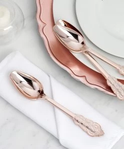 HIER_5460 24 Pack - 7" Metallic Rose Gold Baroque Style Heavy Duty Plastic Spoons Disposable Dinnerware
