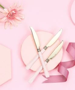 HIER_5460 24 Pack | 7.5" Gold Heavy Duty Plastic Knives With Blush Handle | Plastic Silverware