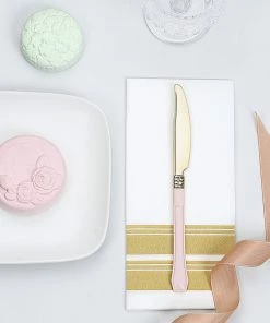 HIER_5460 24 Pack | 7.5" Gold Heavy Duty Plastic Knives With Blush Handle | Plastic Silverware