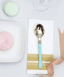 HIER_5460 Disposable Dinnerware 24 Pack | 7" Gold Heavy Duty Plastic Spoons With Blue Handle | Plastic Silverware