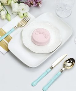 HIER_5460 Disposable Dinnerware 24 Pack | 7" Gold Heavy Duty Plastic Spoons With Blue Handle | Plastic Silverware