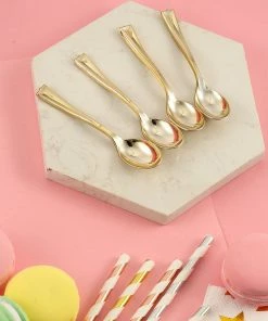 HIER_5460 24 Pack - 4" Gold Heavy Duty Plastic Mini Spoons, Dessert Spoons Disposable Dinnerware