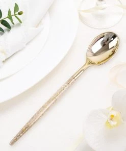 HIER_5460 24 Pack | Gold Glittered Disposable Spoons, Plastic Silverware Cutlery