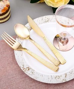 HIER_5460 72 Pack - Hammered Design Gold Heavy Duty Plastic Silverware Disposable Dinnerware