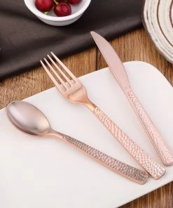 HIER_5460 72 Pack - Hammered Design Rose Gold Heavy Duty Plastic Silverware