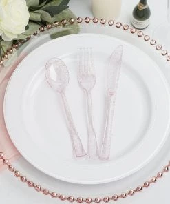 HIER_5460 75 Pack - Blush, Rose/Gold Glitter Heavy Duty Plastic Silverware Disposable Dinnerware