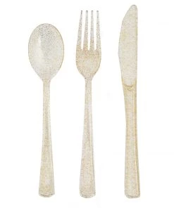 HIER_5460 Disposable Dinnerware 75 Pack - Gold Glitter Heavy Duty Plastic Silverware