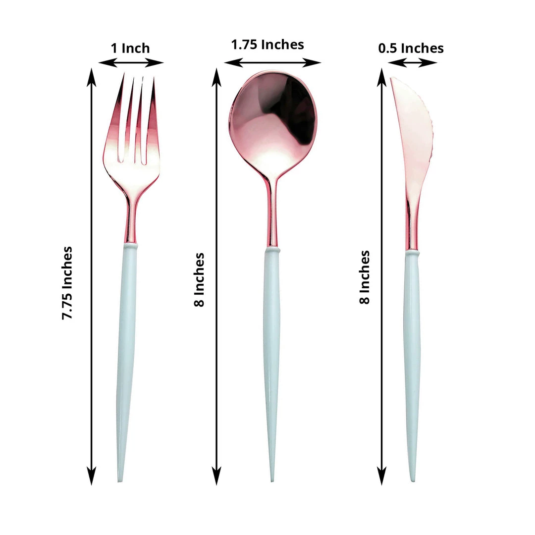 HIER_5460 24 Pack | Rose Gold Modern Silverware Set, Premium Plastic Cutlery Set With Light Blue Handle - 8" Disposable Dinnerware 3 HIER_5460 24 Pack | Rose Gold Modern Silverware Set, Premium Plastic Cutlery Set With Light Blue Handle - 8" Disposable Dinnerware
