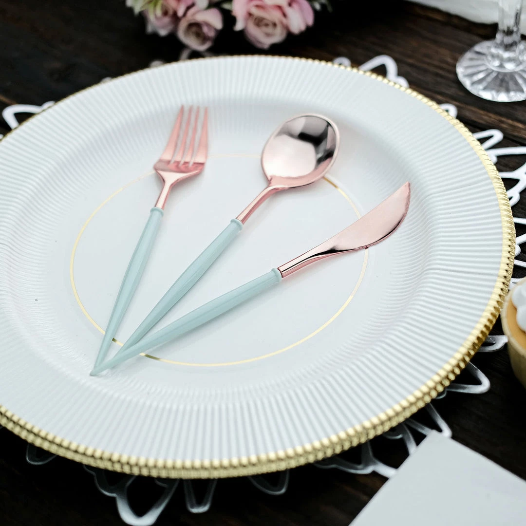 HIER_5460 24 Pack | Rose Gold Modern Silverware Set, Premium Plastic Cutlery Set With Light Blue Handle - 8" Disposable Dinnerware 6 HIER_5460 24 Pack | Rose Gold Modern Silverware Set, Premium Plastic Cutlery Set With Light Blue Handle - 8" Disposable Dinnerware