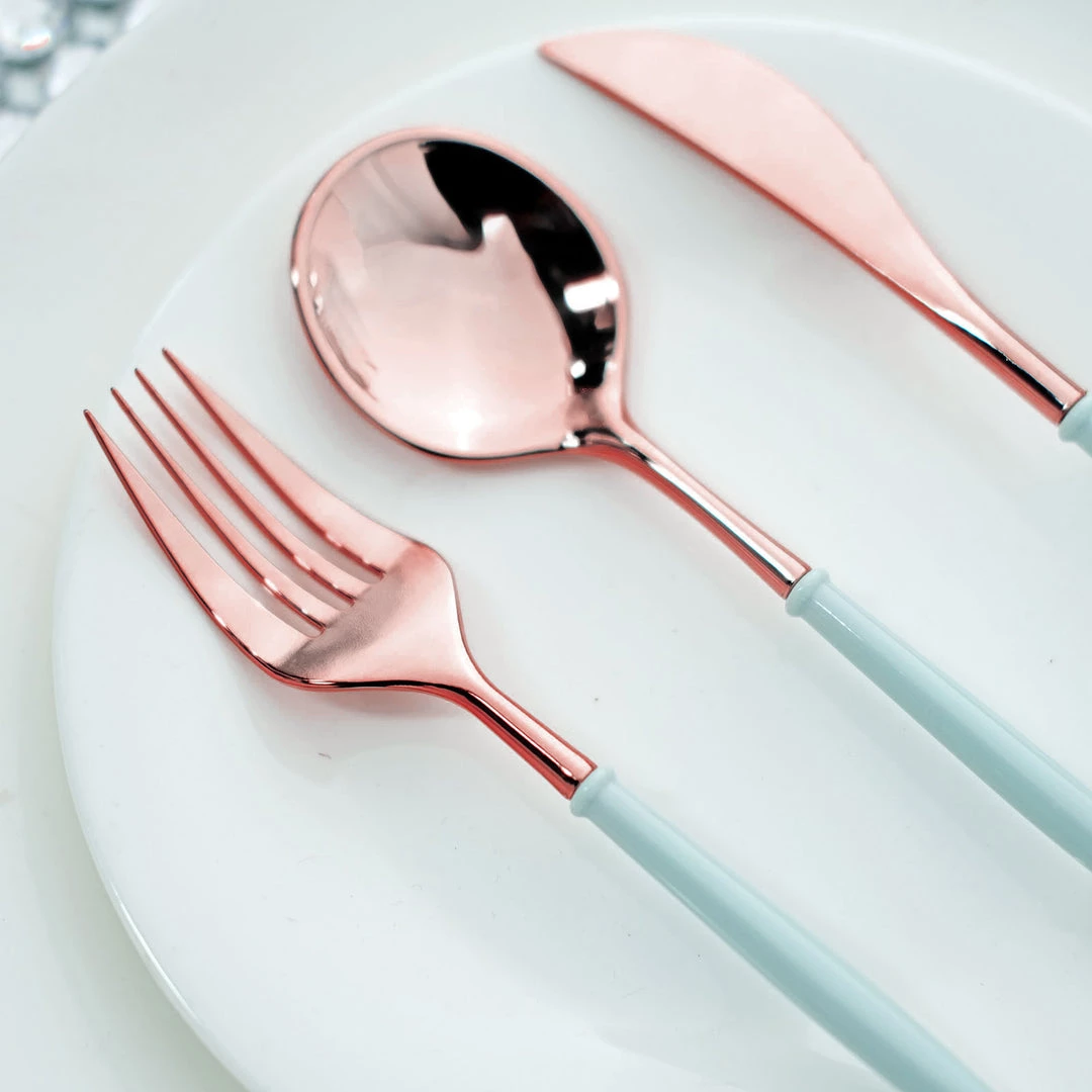 HIER_5460 24 Pack | Rose Gold Modern Silverware Set, Premium Plastic Cutlery Set With Light Blue Handle - 8" Disposable Dinnerware 8 HIER_5460 24 Pack | Rose Gold Modern Silverware Set, Premium Plastic Cutlery Set With Light Blue Handle - 8" Disposable Dinnerware